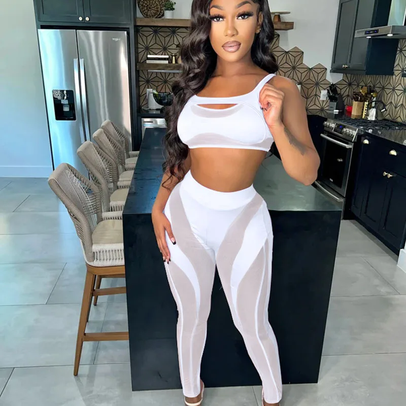 

Sexy Sheer Mesh Patchwork Women Two Piece Outfits Cut Out Tank Crop Top and Leggings Matching Sets Tracksuit Woman Sport Suit