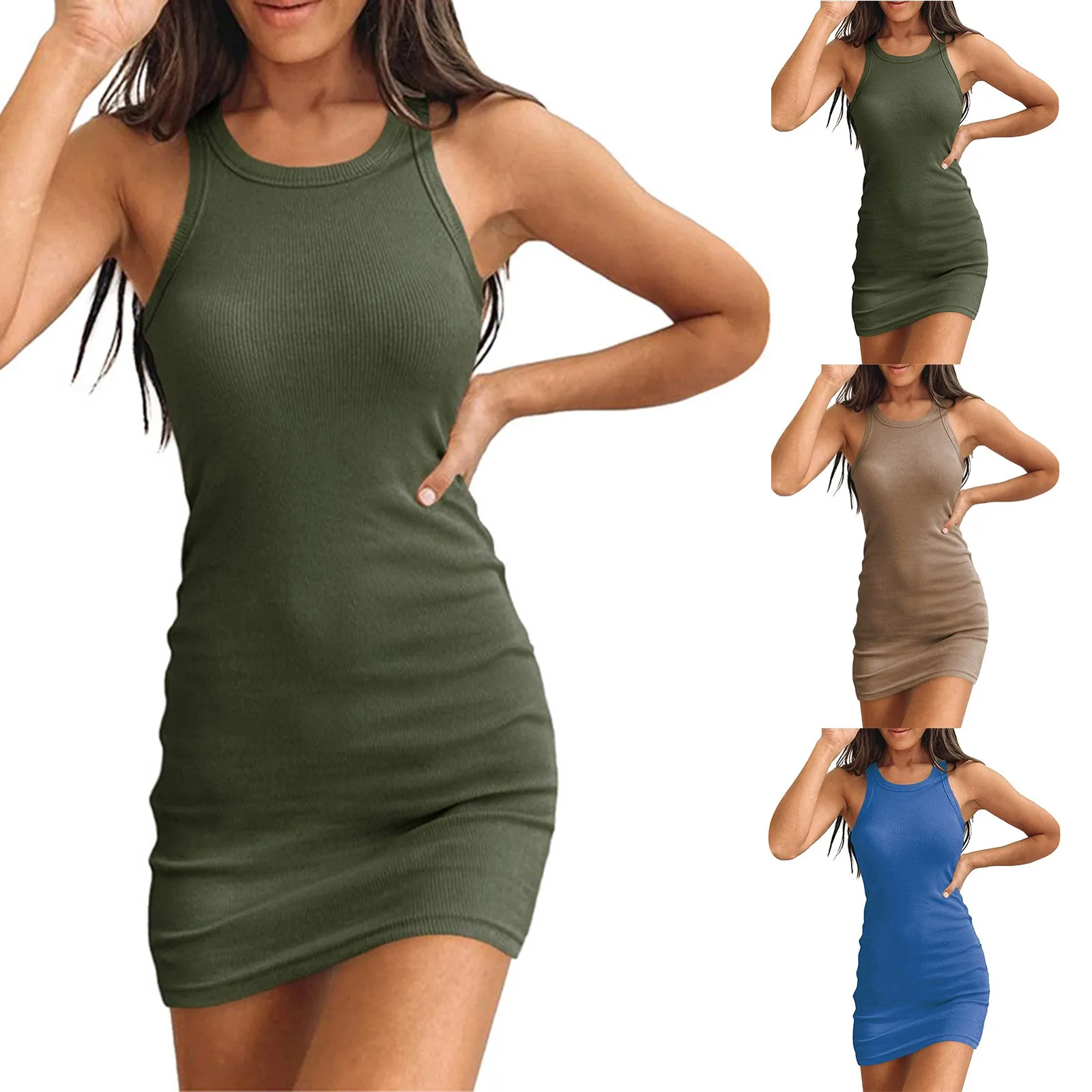 Women's Summer Dresses Ribbed Tank Dress Scoop Neck Slim Fit Sexy Sleeveless Club Party Mini Dress Tight Bodycon Evening Dresses