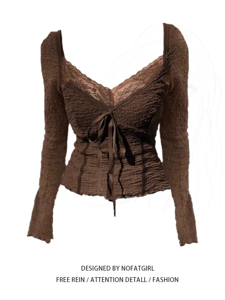 

plus Size Slim Fit ort Sve T-irt Women's Autumn New Sle Textured American Hot Girl Square Collar Long Sve Top