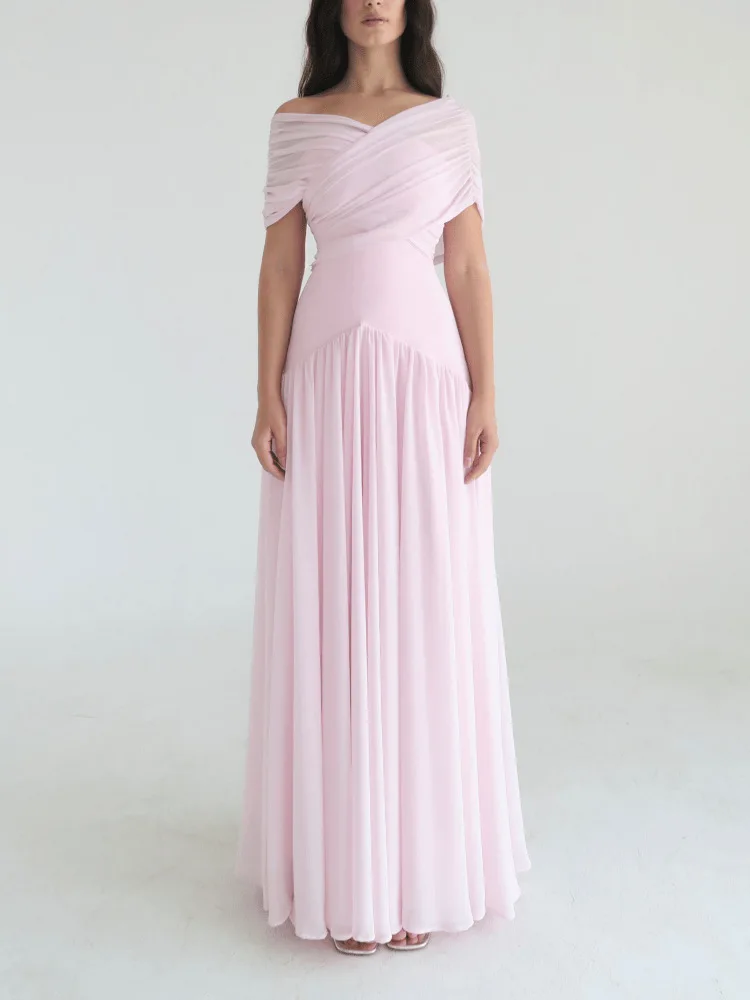 AW Pink Formal Evening Dress Off The Shoulder Pleat Chiffon A Line arty Dresses for Women Floor Length Prom Gowns Customized - view 2