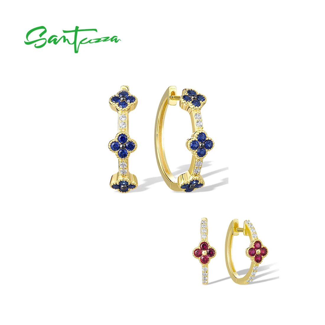 

SANTUZZA Authentic 925 Sterling Silver Hoop Earrings For Women Created Ruby Blue Sapphire White CZ Exquisite Flower Fine Jewelry