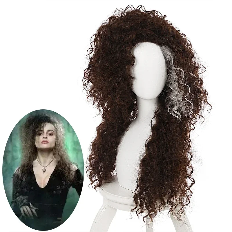 Filmfilm Charakter Bella trix Lestrange Disfraz lange braune gemischte gewellte Perücke Bellatrix Perücke hitze beständige Cosplay Kostüm Perücke