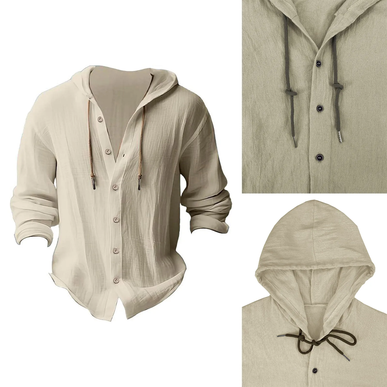 패션 남성 캐주얼 후드 티셔츠 탑 긴 소매 V넥 코튼 린넨 텍스처드 셔츠 블라우스 사무실 주말 일상 외출용