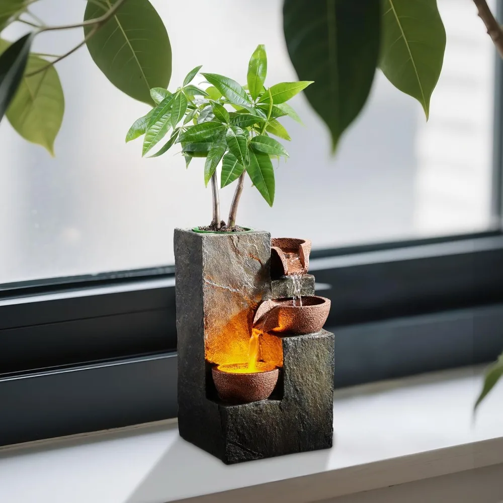 نافورة شلال صخرية من 3 طبقات مع ضوء LED دافئ وعاء زراعة DIY - ديكور مكتب مريح #6