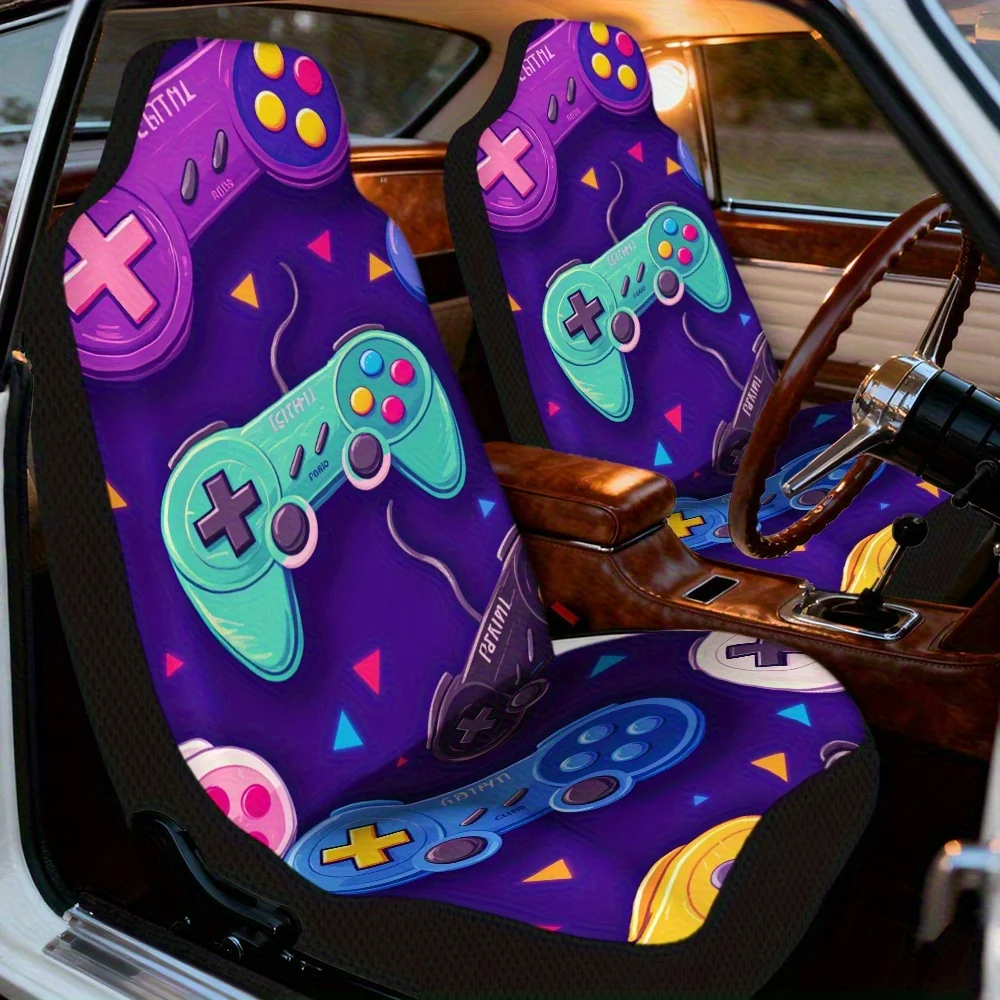 Set Of 2, Trendy Front Seat Covers Featuring Video Game Controller Designs, Made To Be Durable And Comfortable, Ideal For Indivi