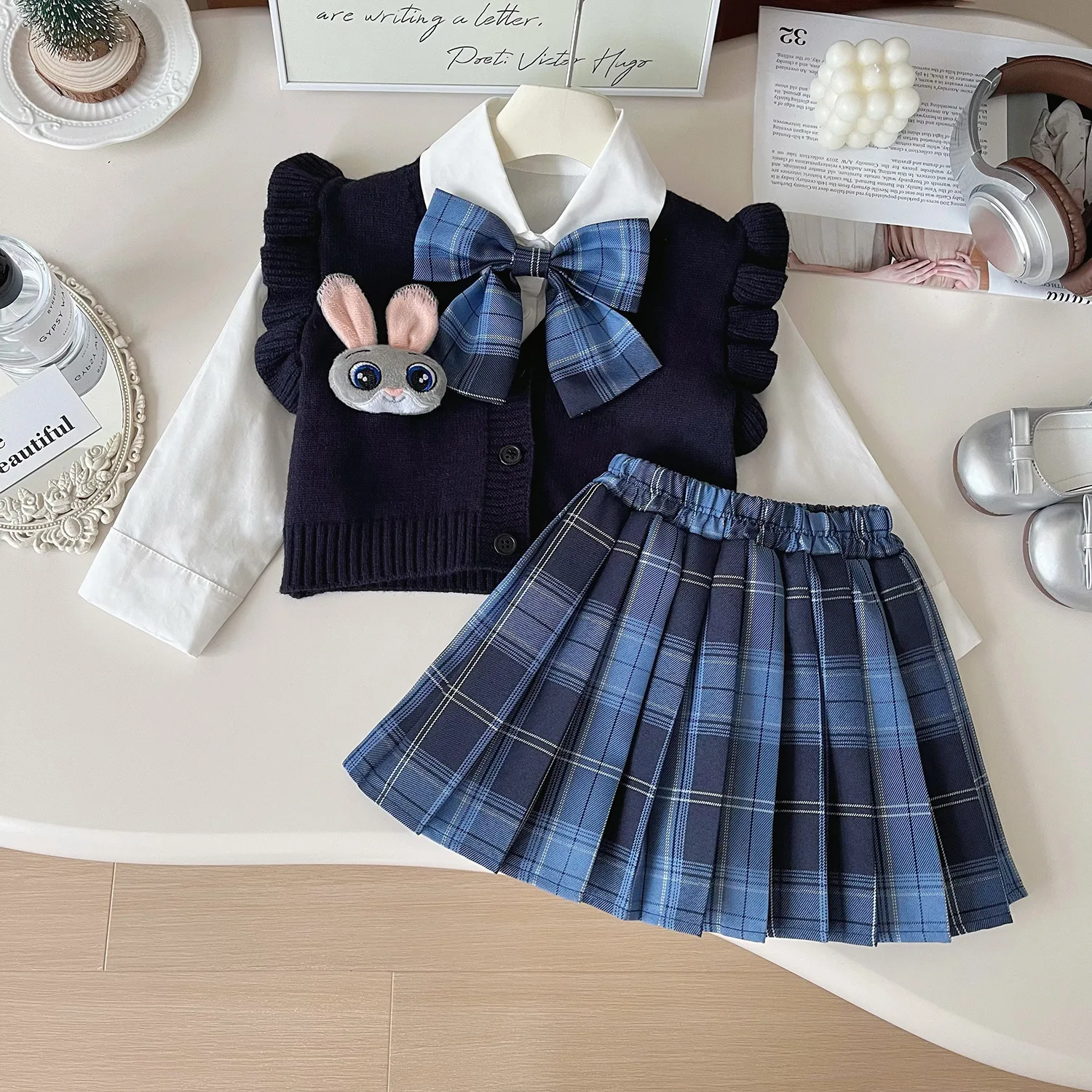 New Fall 2024 Girl Rabbit Officer JK Set Little Girl preppy knit three-piece set 90-140cm