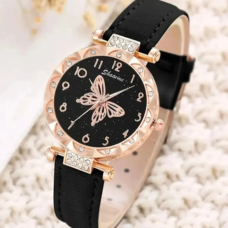 Women Luxury Watch Ring Necklace Earrings Rhinestone Butterfly Fashion Wristwatch Female Casual Ladies Watches Set Clock