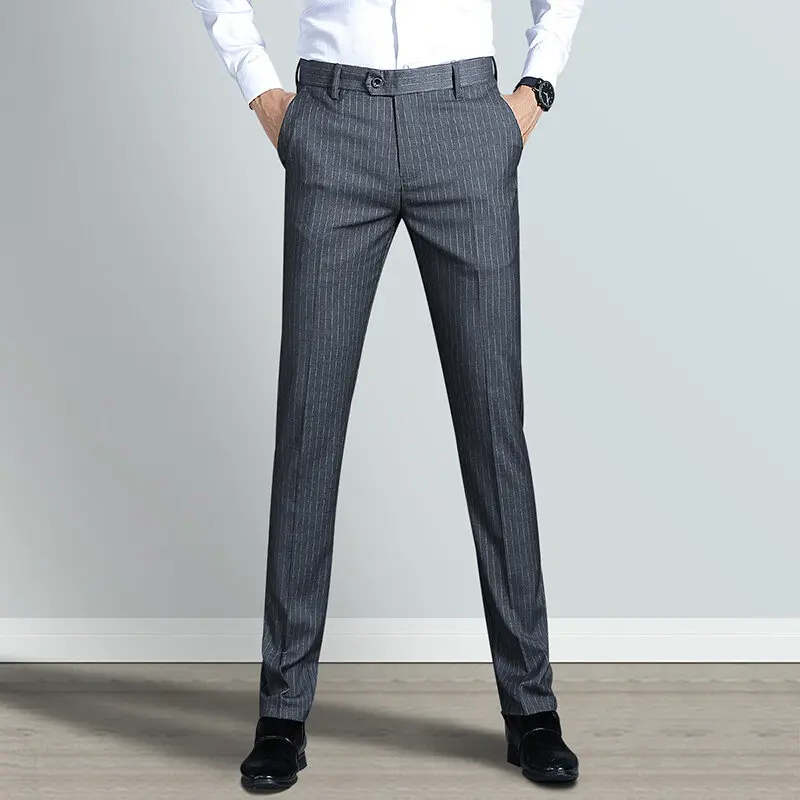 

Men's Spring Autumn Solid Striped Button Zipper Pockets Suit Straight Leg Formal Casual Trousers Fashion England Style Pants