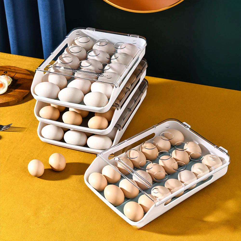 New Automatic Rolling Egg Box Kitchen Items Refrigerator Storage Organizer Household Transparent Drawer Tray Space Saver