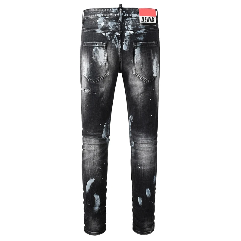 Fashionable new men's jeans, painted, washed, nostalgic, stretchy, slim fit, black jeans, high street hip-hop brand pants, hombr