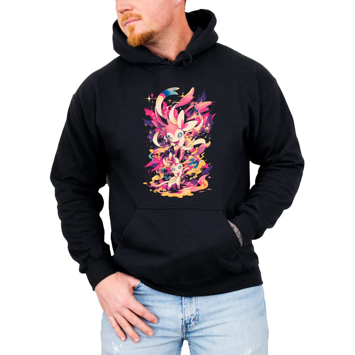 Felpa con cappuccio unisex in pile di cotone Pokemon Sylveon Espeon Colore nero con design vibrante di creature magiche rosa blu Vestibilità ampia ​