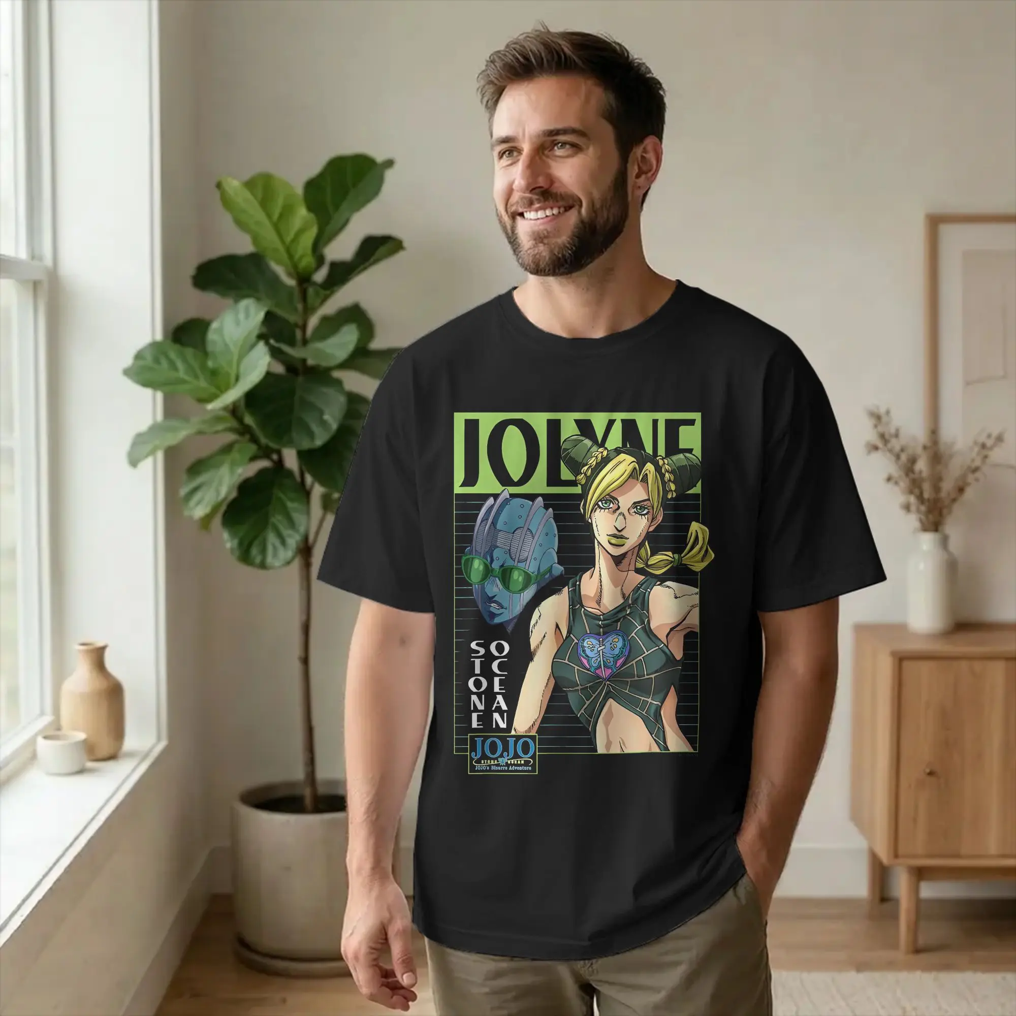 Jolyne & Stone Ocean Anime T-Shirt for Men Joestar Family Bizarre Adventure Funny 100% Cotton Tee Shirt Round Collar T Shirt