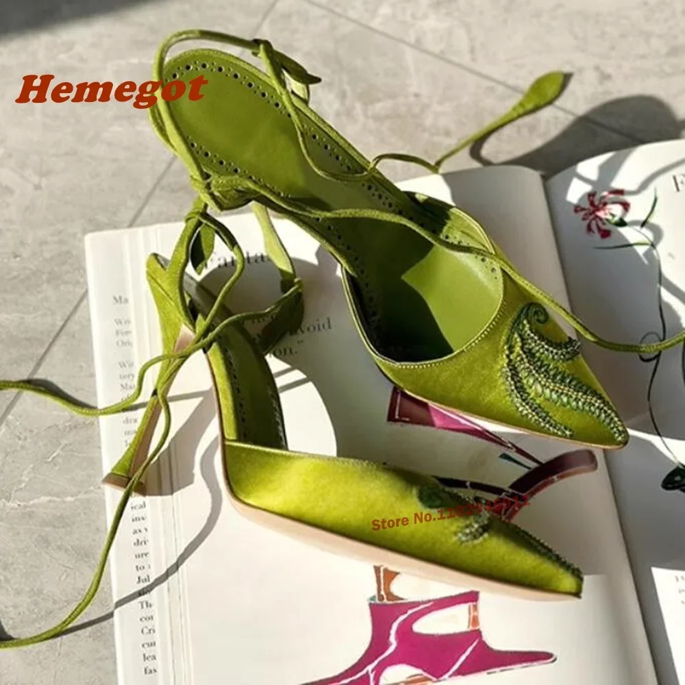 

Stiletto Heels Women's Sandals Embroidery Green Satin Pumps Lace Up Pointed Toe Summer Solid Slingback Luxury Party Shoes Sexy