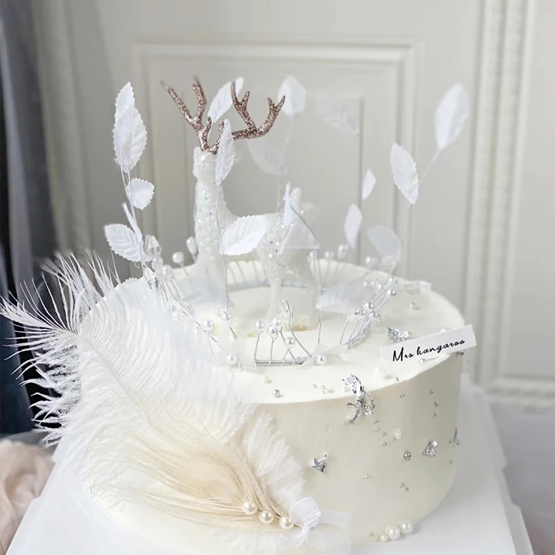 White Deer Birthday Party Girl Cake Topper CROWN Christmas Snow Baby Shower Cake Decoration Supplies Dessert Supplies Decor