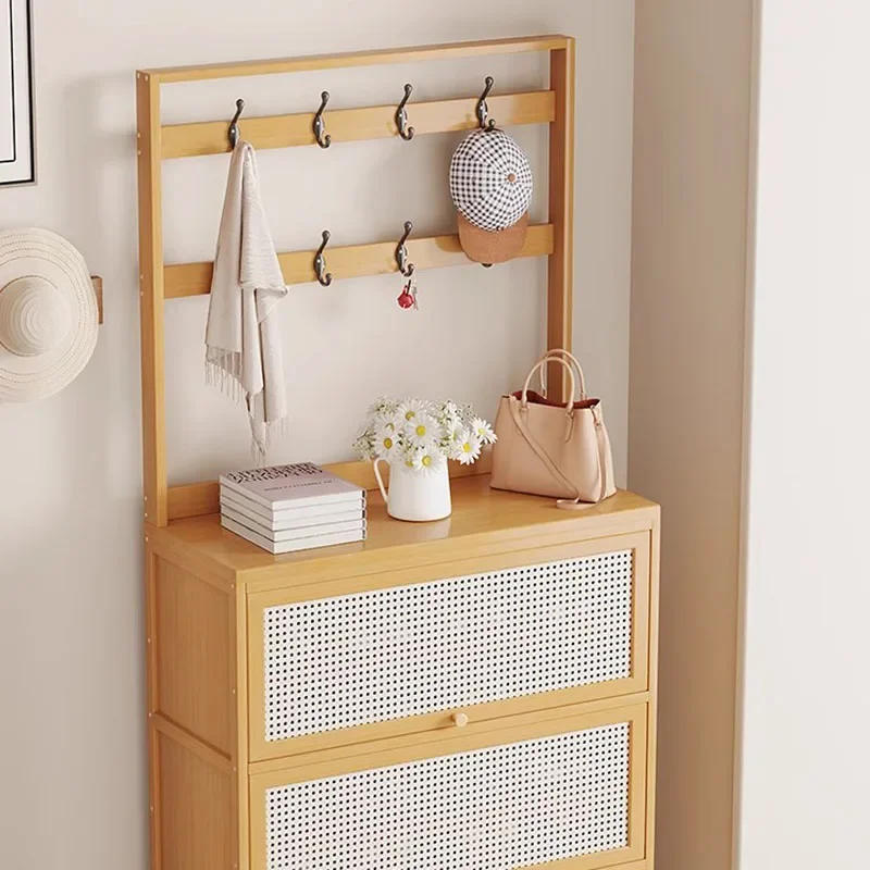 Natural Bamboo Entry Shoe Bench with Coat Rack 6 Shelf Floor Standing Dustproof Organizer for Home Foyer Entry Decor Storage