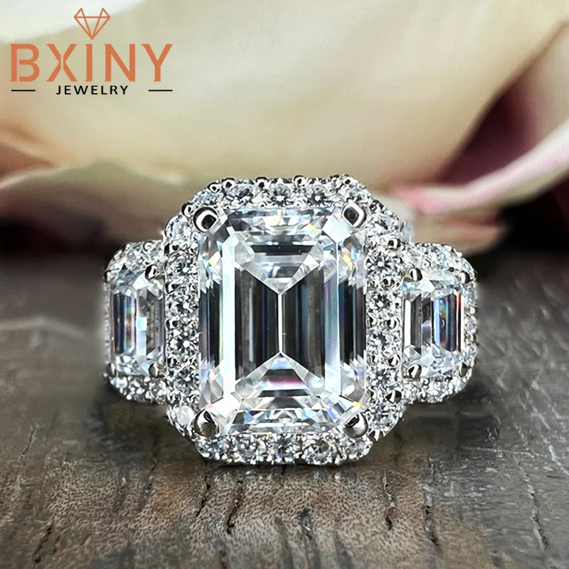 

BXINY 4Carat Emerald Cut Moissanite Rings 100% 925 Sterling Silver Three Diamonds For Women Halo Wedding Band Gifts Fine Jewelry