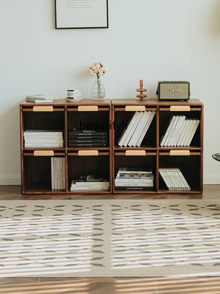 Four-Grid Cabinet Black Walnut Solid Wood Bookcase Free Combination Living Room Assembled Cabinet Floor Cabinet furniture