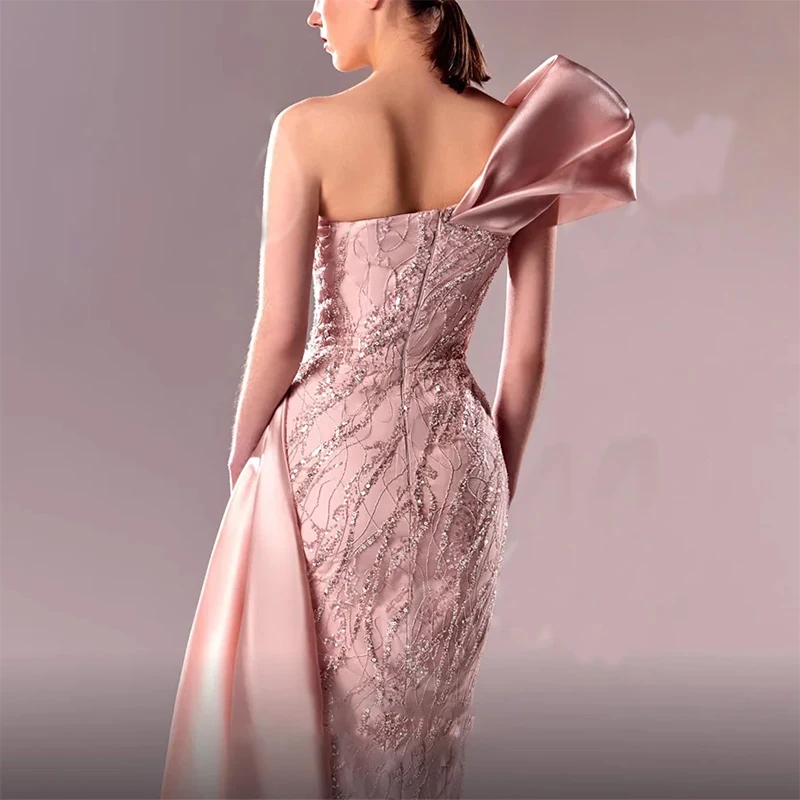 Luxury Pink One-Shoulder Formal Evening Dresses Lace Applique Ruffle Side Slit Prom Dresses Customized robe soirée