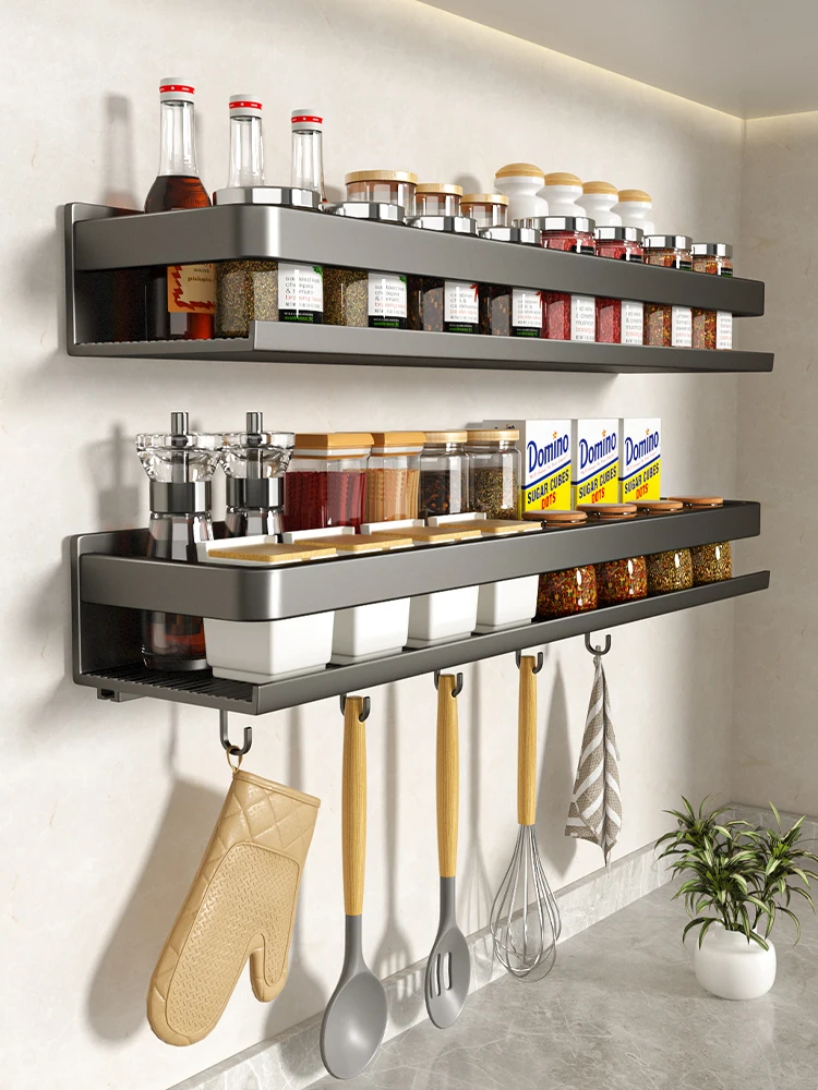 Kitchen seasoning storage rack, wall hanging seasoning rack, multifunctional perforated wall seasoning storage rack