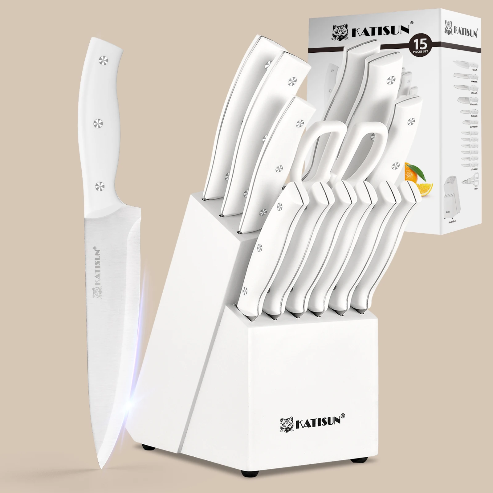 15 Pieces White Carbon Steel Kitchen Knife Block Set, Built-in Knife Sharpener