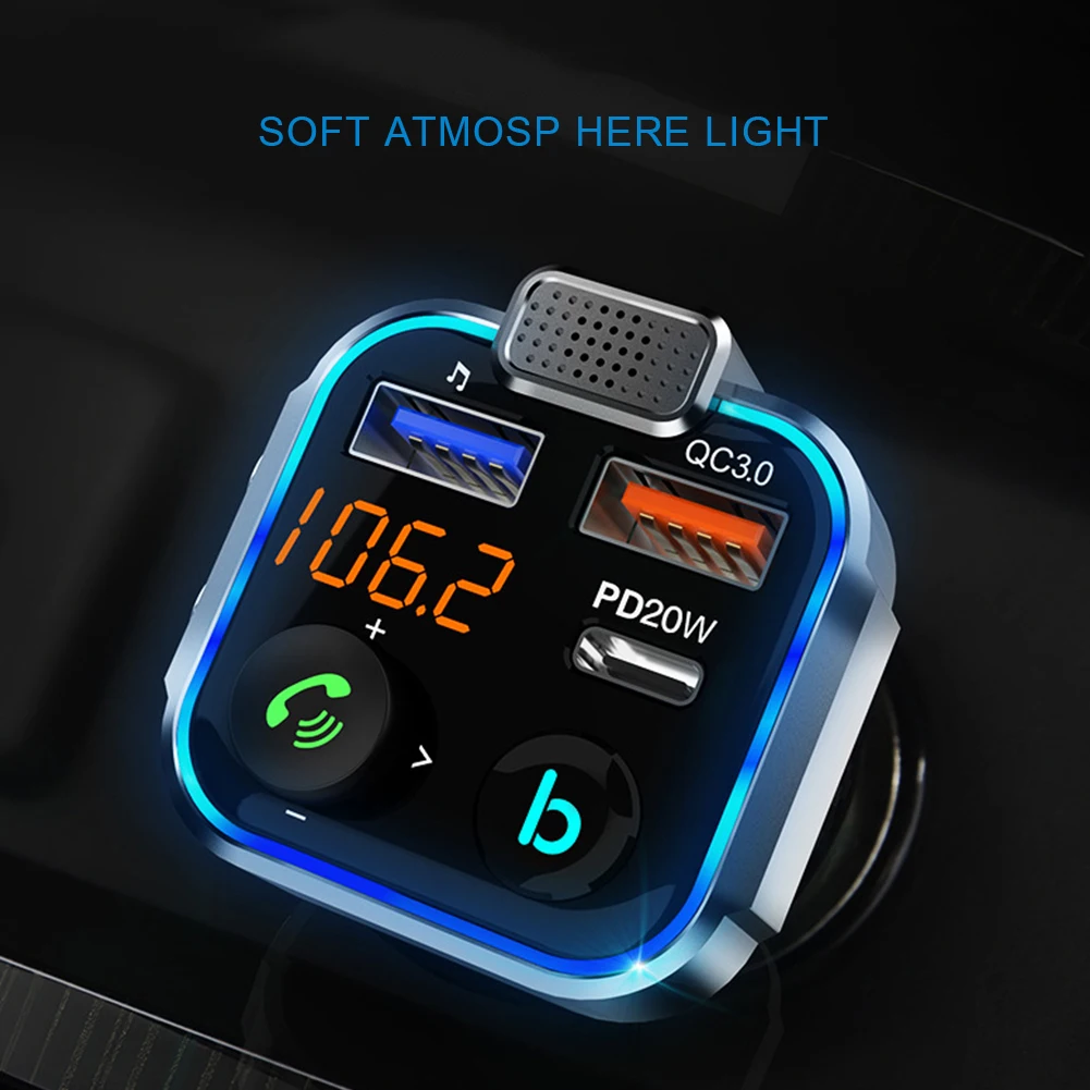 Car Bluetooth-compatible 5.0 FM Transmitter One Key Bass Mp3 Player Large Microphone USB Music Play QC3.0 PD20W Quick Charger