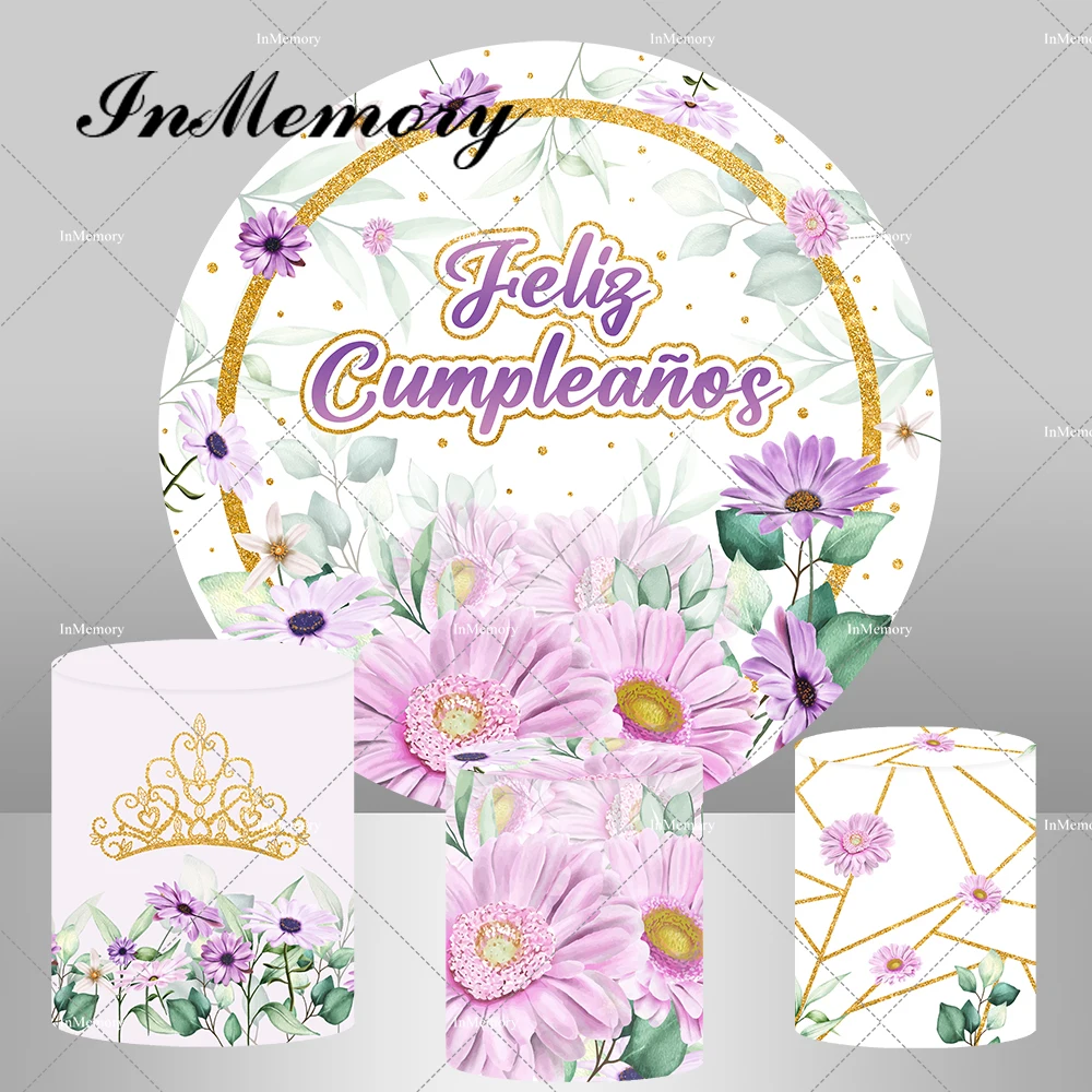 Purple Floral Princess Girls Birthday Party Round Backdrop Cover Gold Crown Baby Shower Newborn Plinth Covers Elastic