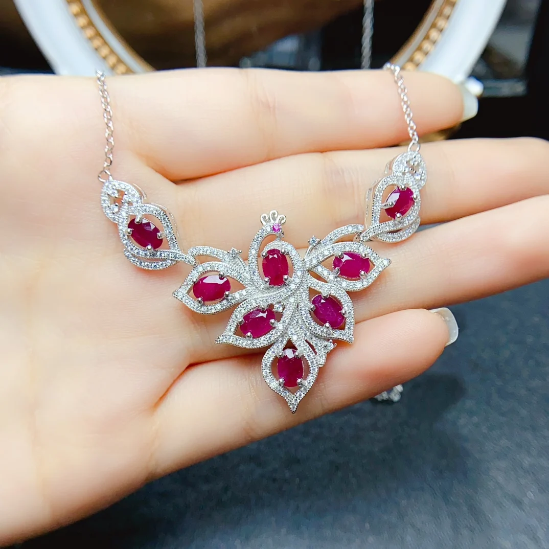 

FS 4*6mm Natural Ruby S925 Sterling Silver Peacock Necklace Certificate Fine Fashion Charm Weddings Jewelry for Women MeiBaPJ