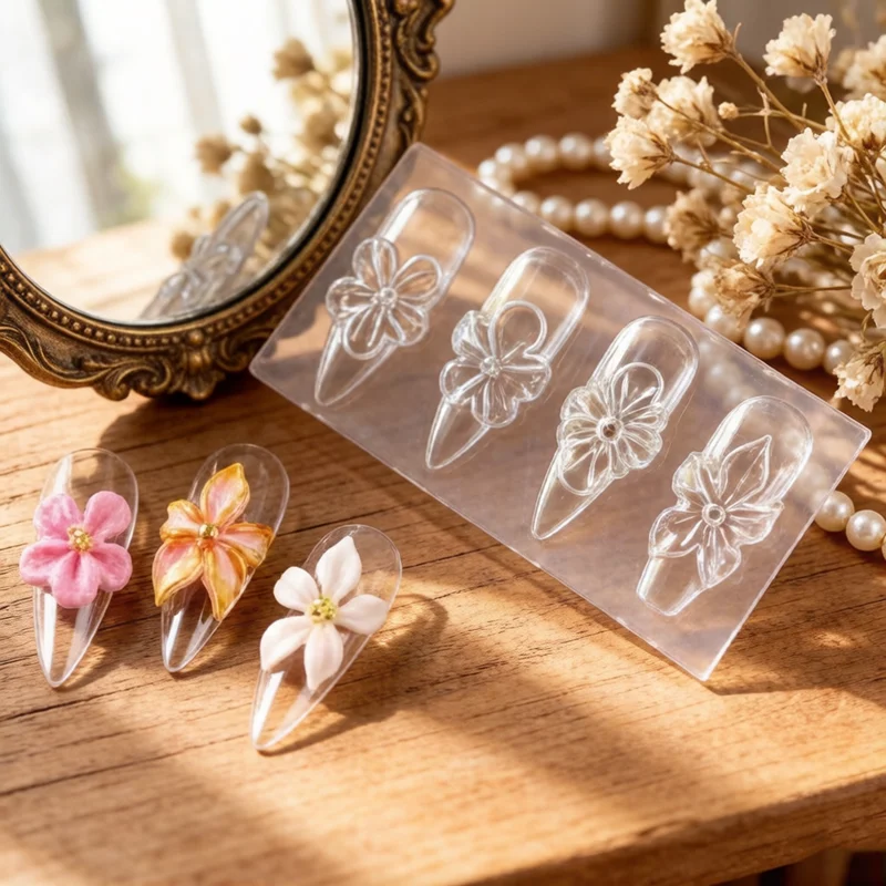 3D Flower Nail Art Silicone Mold Lily Hibiscus Embossing Template, Resin Design Stencils Professional DIY Manicure Carving Tools