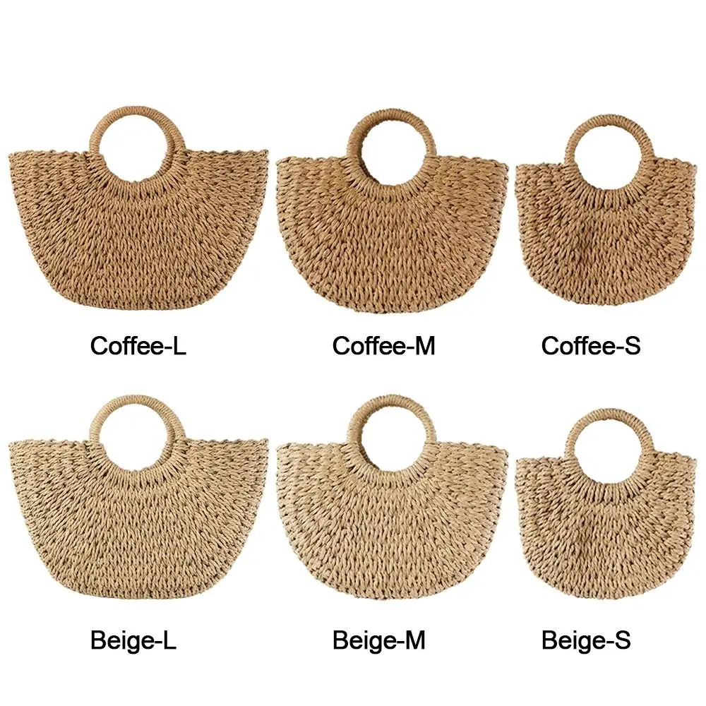 Hand Woven Straw Woven Handbag Hollow Out Large Tote Beach Bag Boho Half-Moon Crossbody Shoulder Hand Woven Bag Travel Use