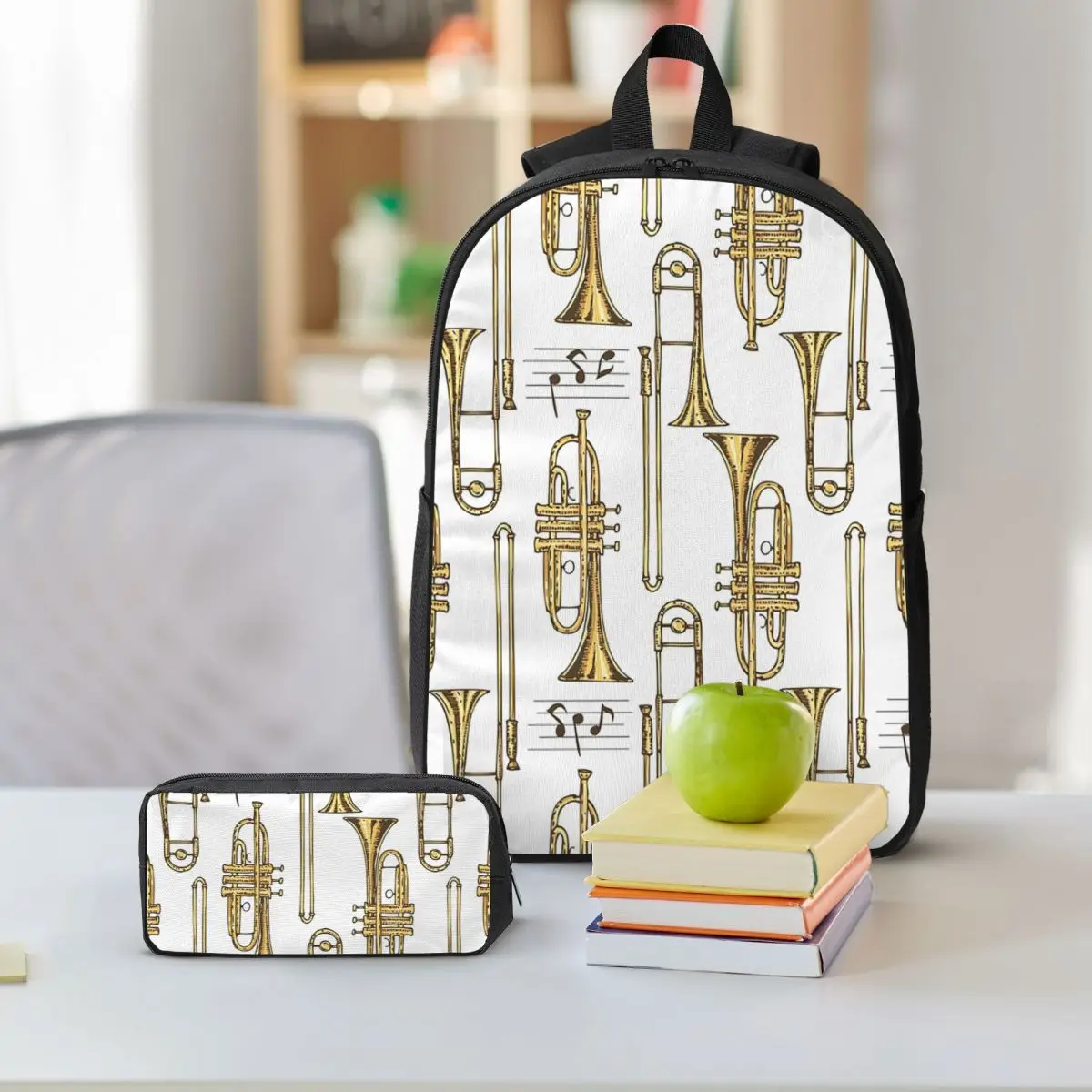 Trumpet Horn Instruments Backpack Boys Girls BookBag School Bag Shoulder Bags 3ps Insulated Lunch Bag Pencil Case