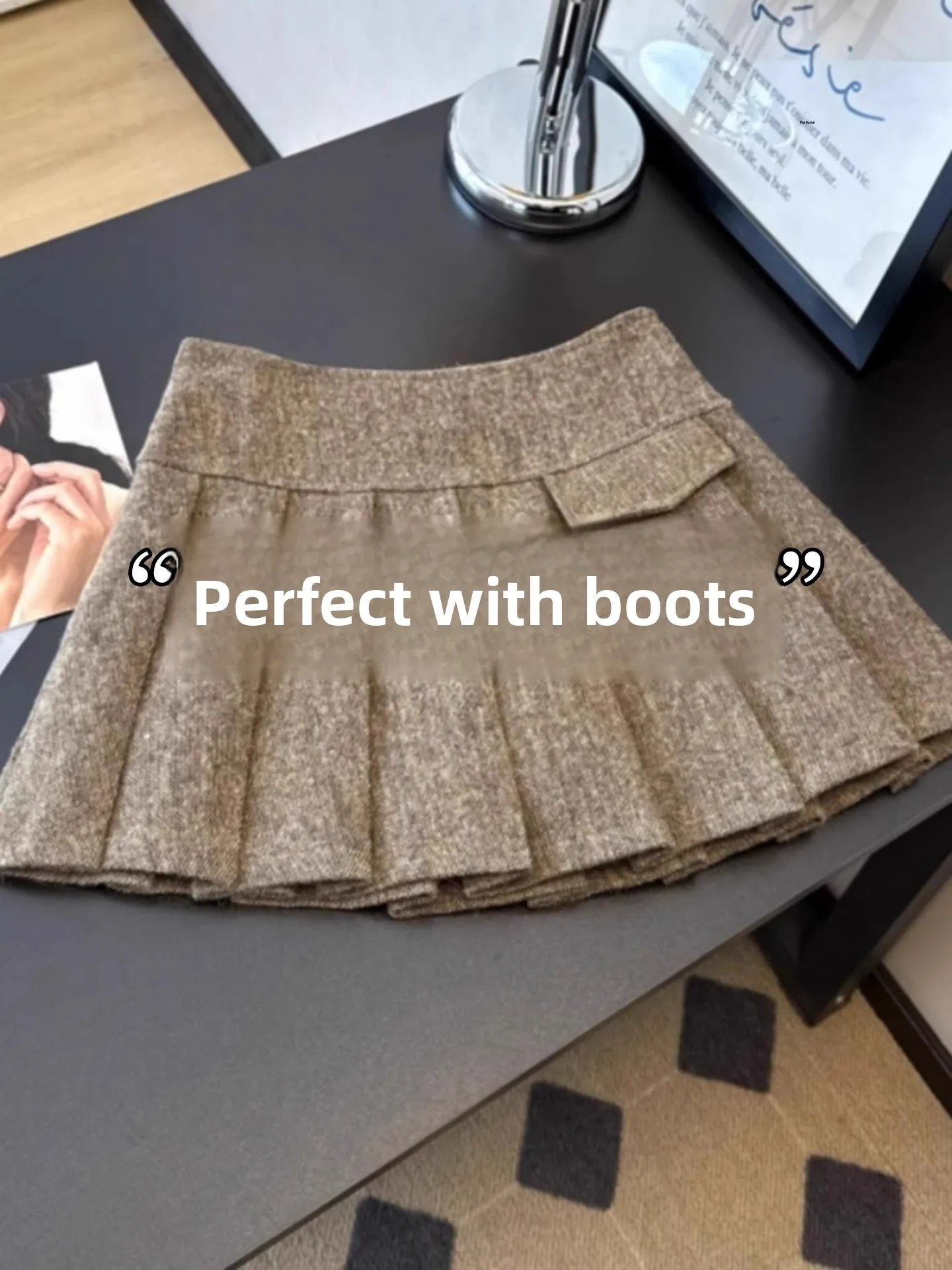 Brown Woolen Thickened Pleated  Skirt Women's Autumn Winter High Waist Slimming A-Line Short Skirt Korean Style Commute
