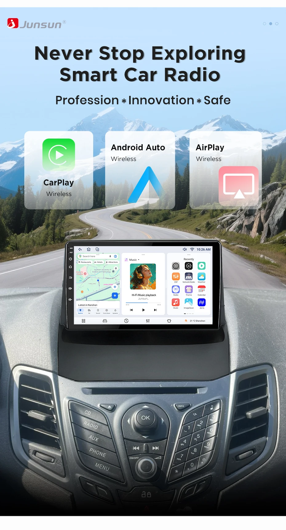 Junsun Wireless CarPlay Android Auto Autoradio für Ford Fiesta Mk7 2009-2017 Auto-Intelligentes System DSP SWC RDS GPS FM BT – Detail 3