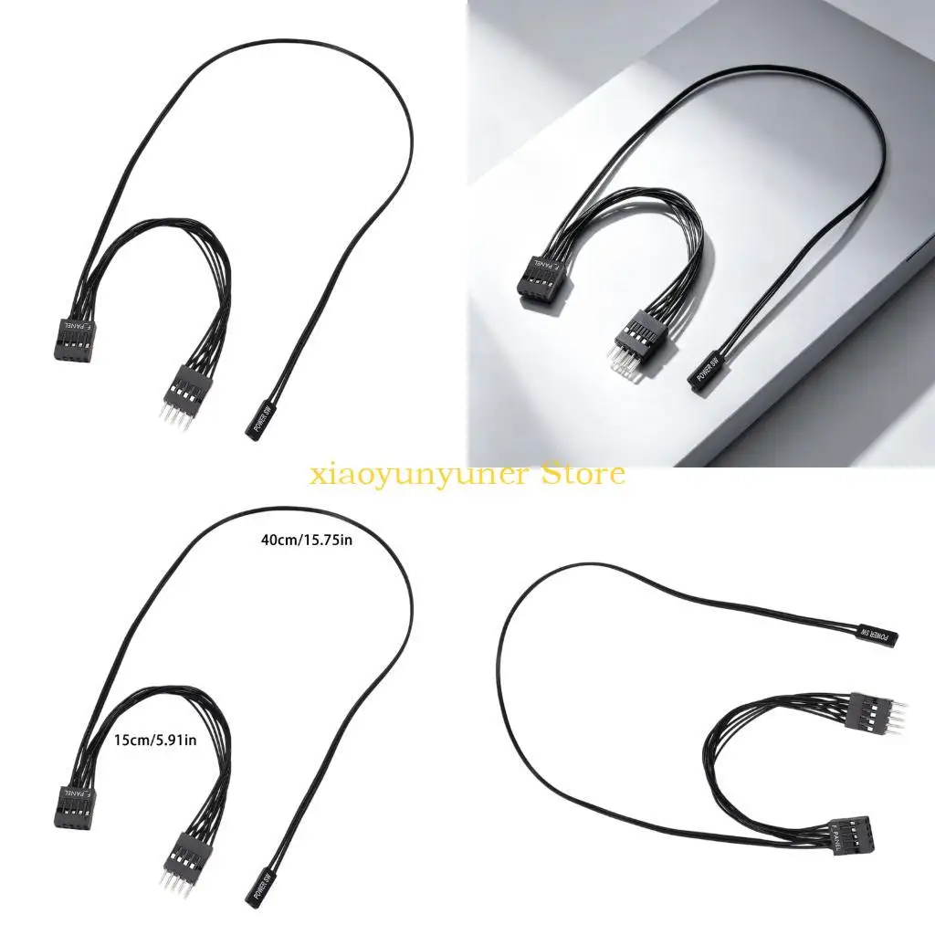 P9JB Internal Front Panel Extension Cable for 9 Pin Header Layouts with Power Button Branch, Black PVC Wiring, and Clear End