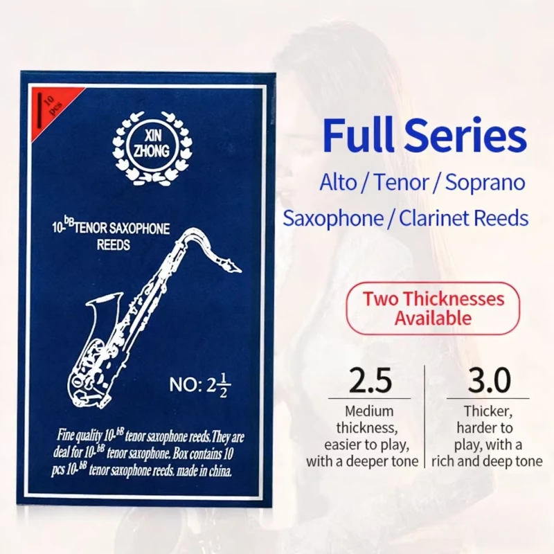 Two boxes of reeds for E♭ alto, soprano, and tenor saxophones, as well as clarinets, 20 pieces in total.