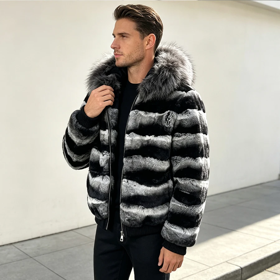 Chichilla Rex Rabbit Fur Coats With Hood Men's Full Skin Bomber Jacket Furry Jacket Hot Selling Short Real Fur Zippered Jacket
