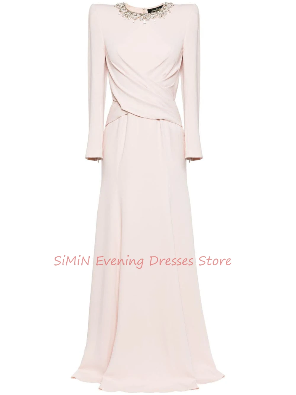 Simin Saudi O-Neck Grace Beaded Ruffle Crepe Mermaid Simple Long-sleeves Tea-Length Arab Evening Party dresses for women 2024