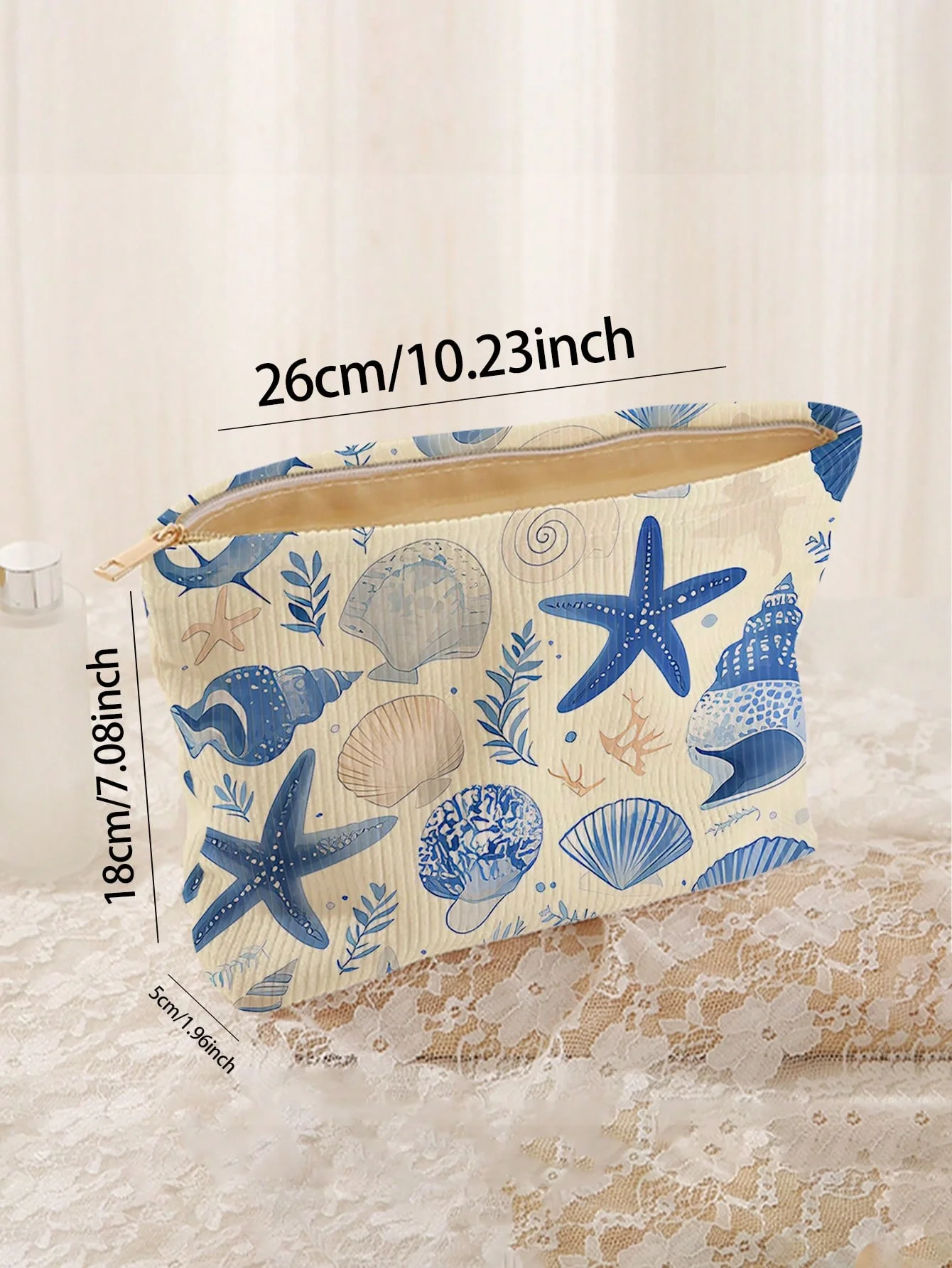 Minimalistisch gestaltete Kosmetiktasche aus Cord mit Blumenmuster und Reißverschluss, leichte und multifunktionale Aufbewahrungstasche für Kosmetik. – Detail 9