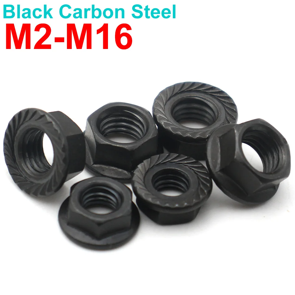 

2-50pcs M2 M2.5 M3 M4 M5 M6 M8 M10 M12 M16 Black Carbon Steel Hex Flange Nuts – Anti-Loosening Fasteners for Machinery Auto DIY