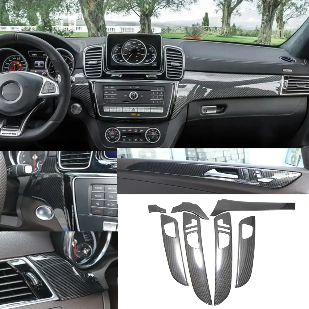 7pcs Real Carbon Fiber Interior Trims Dash Cover Door Trim Panels For Mercedes GLE GLS 2015-2018