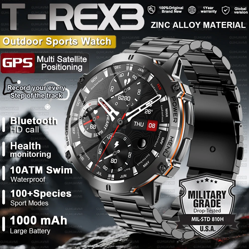

New T-Rex 3 Smart Watch 10ATM Waterproof 1000mAh Battery compass Bluetooth Call Military 100+Sports Heart rate Smart watch Men