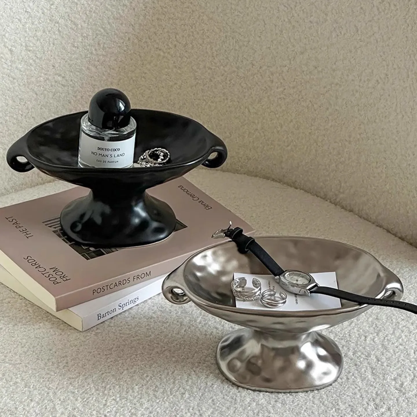 Retro Ceramic Double-Ear Soap Dish Aroma Jewelry High-legged Tray Luxury Ceramic Entryway Ornaments Cosmetic Storage Decoration