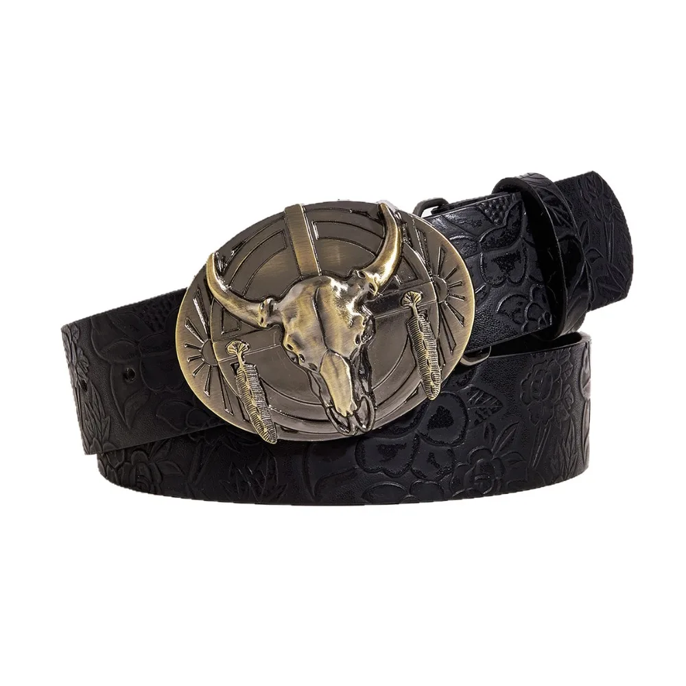Fashion Carved Western Cowboy Belt Retro Cow Head Buckle PU Leather Belt Vintage Embossed Belt For Man Women
