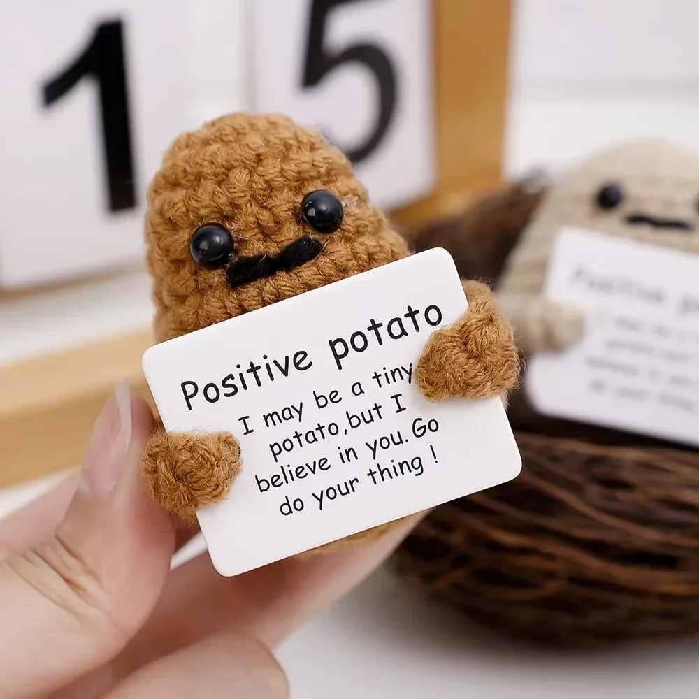 New Positive Energy Potato Hug Pocket Mini Handmade Plush Wool Knitting Doll With Card Funny Christams Gift Home Room Decoration
