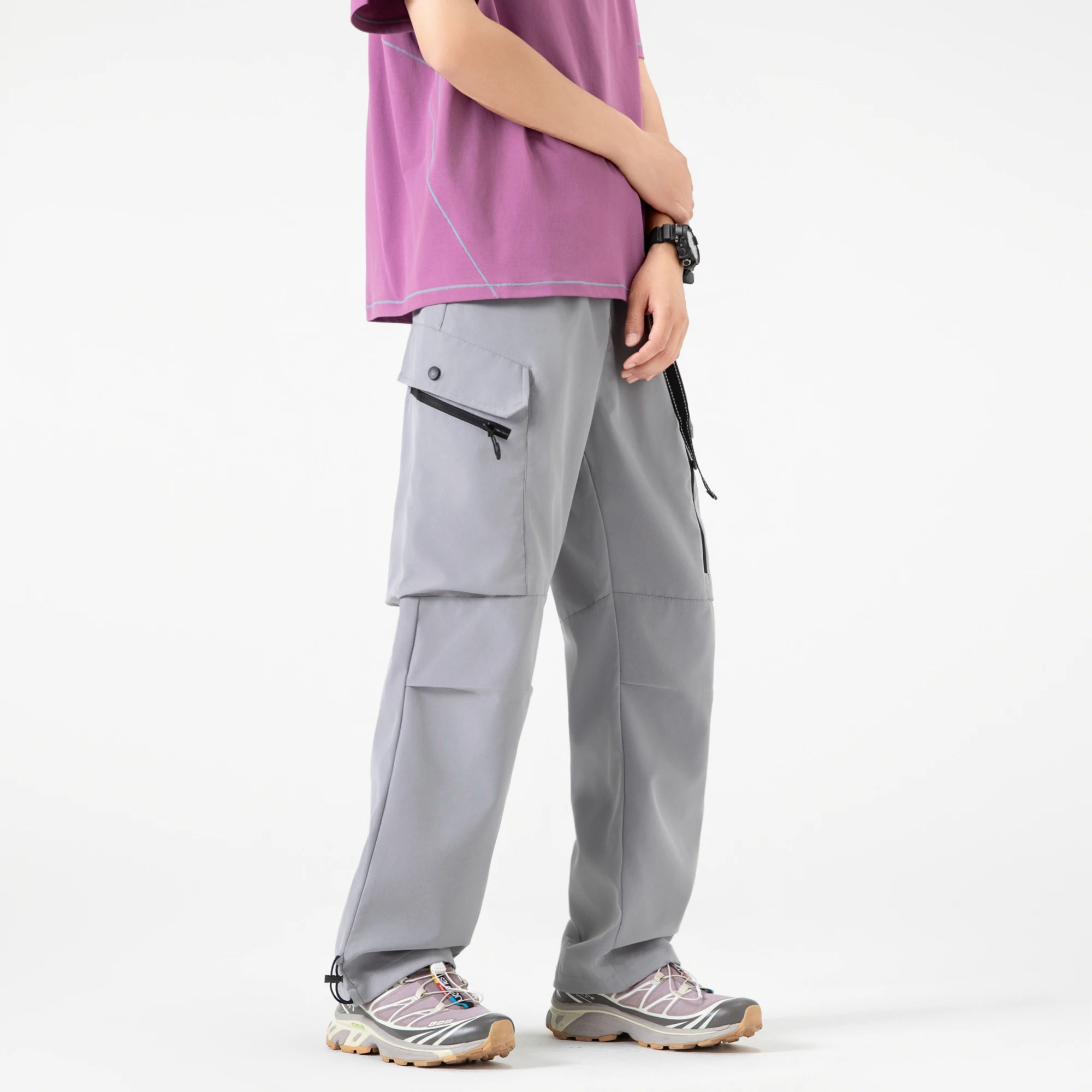 無地のベーシックワークパンツ、メンズルーズアウトドアハイキング・登山用マルチポケットスポーツパンツ、バイクパンツ