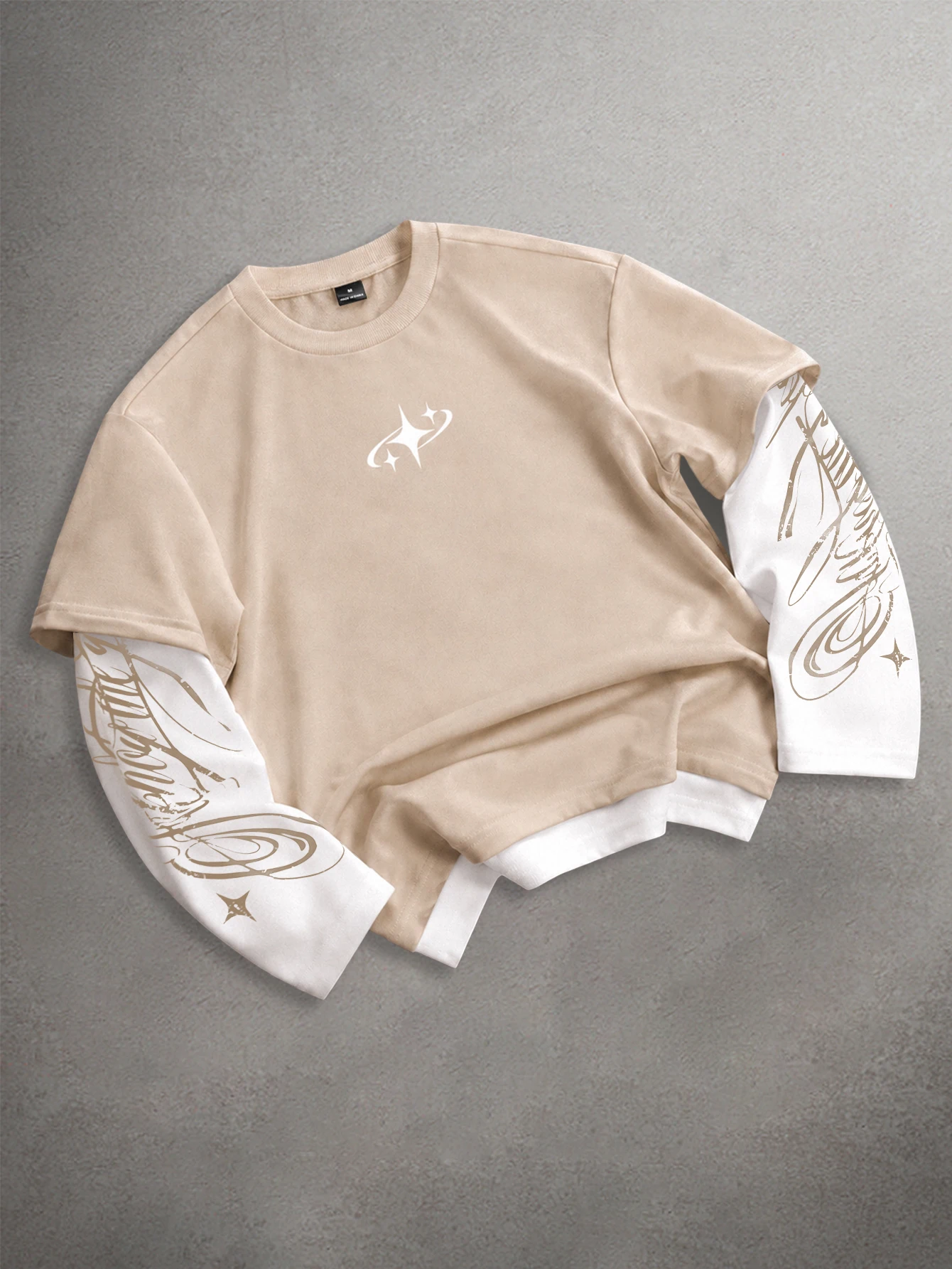 Herren- und Damen-T-Shirt mit Langen Ärmeln, Zweiteiliger Optik, Stern-Logo, Kursivdruck, Mehrlagiger Rundhalsausschnitt, Y2K Hip-Hop Streetwear, Oversized-Top – Detail 13