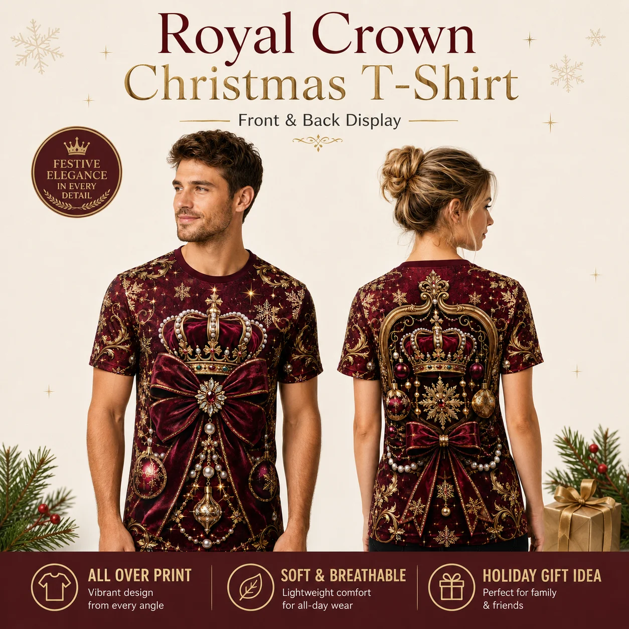 Royal Crown Christmas T Shirt 3D Print Wine Red Luxury Vintage Unisex Short Sleeve Holiday Party Graphic Tee Xmas Gift Men Women