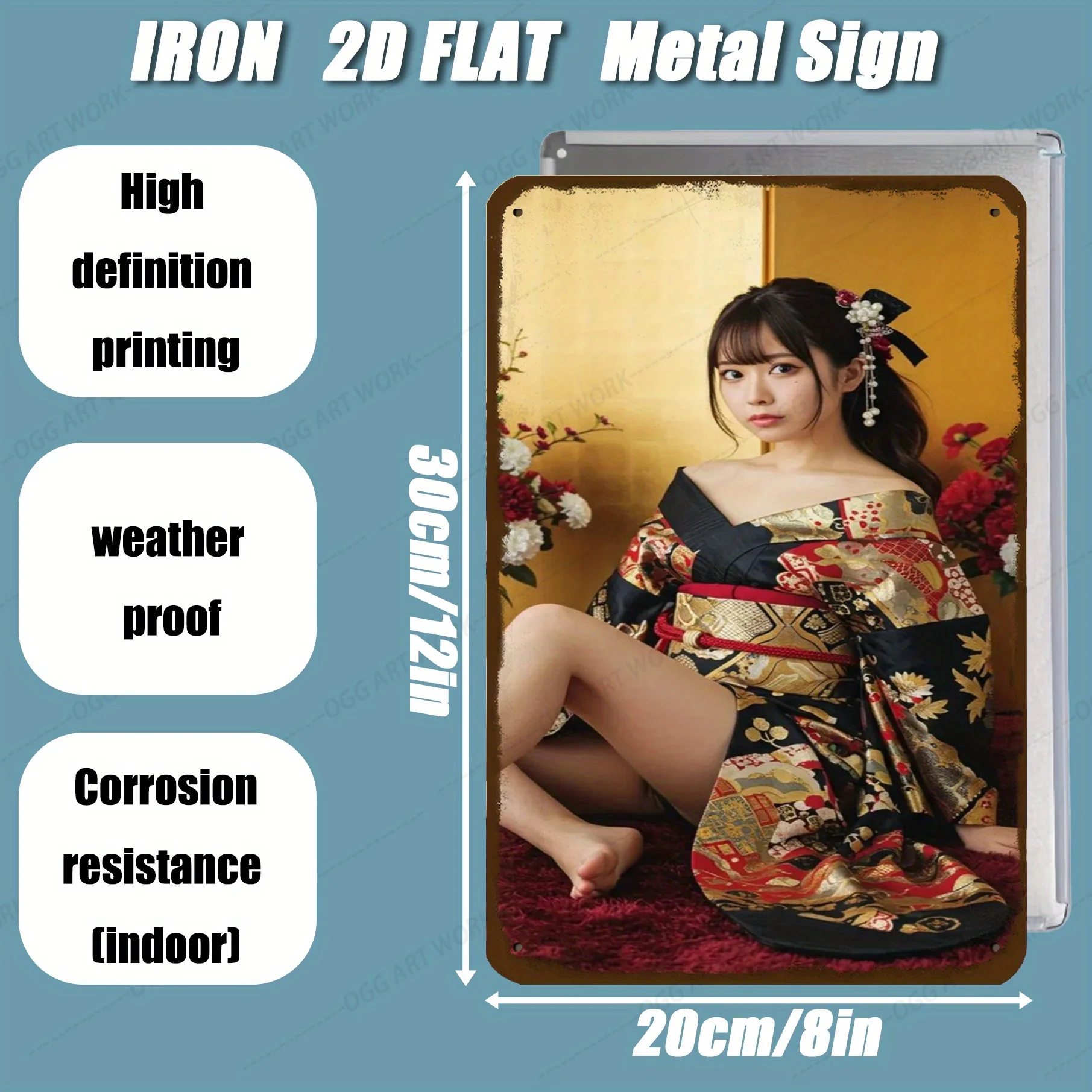 Vintage Japanese Kimono Woman Metal Wall Art, Floral Design with Red Accents, 8x12 Inch 2D Flat Hanging Sign, Durable Indoor Out