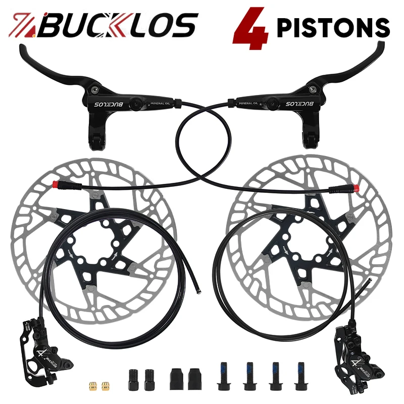 BUCKLOS Power Off E-Bike Brake Set 4-Piston Hydraulic Brake Set 1150mm 1950mm Scooter MTB Hydraulic Brake Bicycle Parts HD-E735