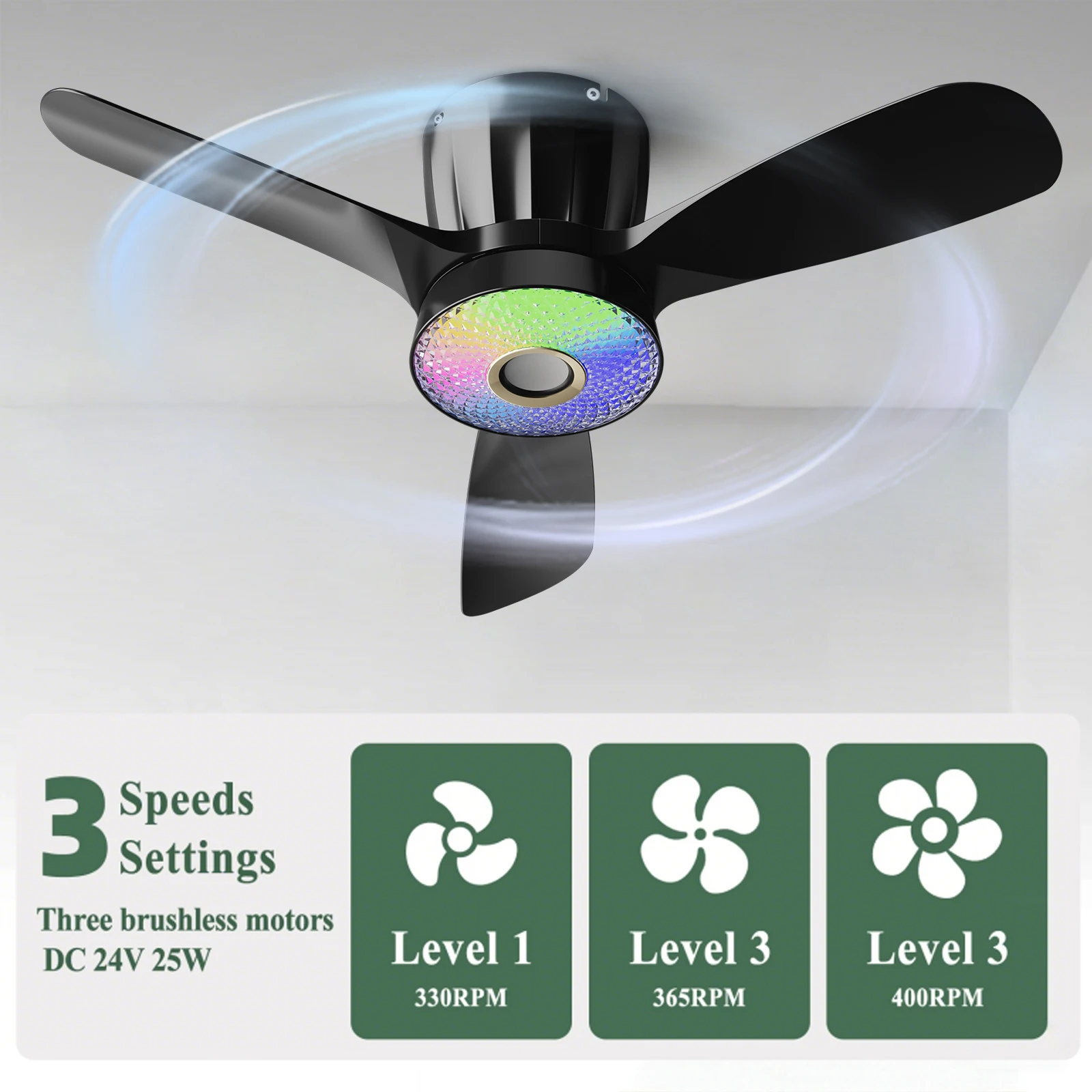 Intelligent fan light, RGB lighting, speaker, 43W power, three speed regulation, timing function.