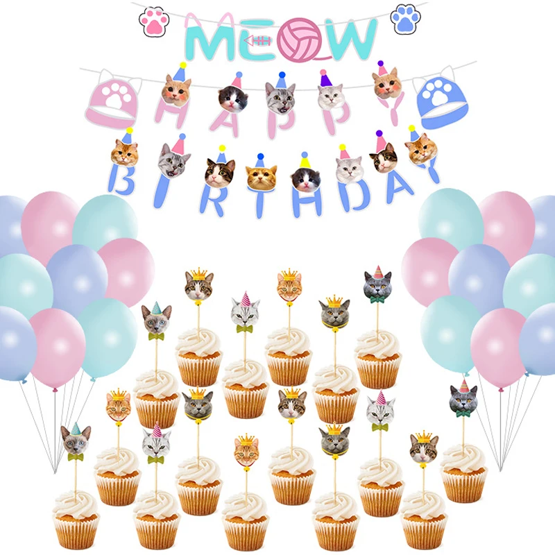 43Pcs Cat balloon Cupcake Topper Cake Picks Happy Birthday Banner set for Kids 1st Birthday Baby Shower Animals Party Decoration